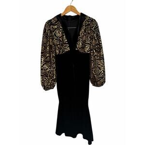 Dazy Black Velvet Midi Dress Gold Rose Sheer Sleeves Long Sleeve Women Size S